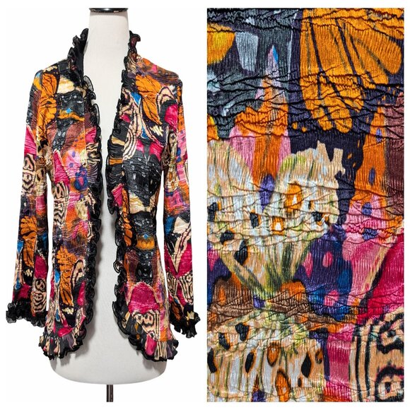 Alberto Makali Womens Size L Crinkle Abstract Butterflies Ruffle Open Front Top - Picture 1 of 9